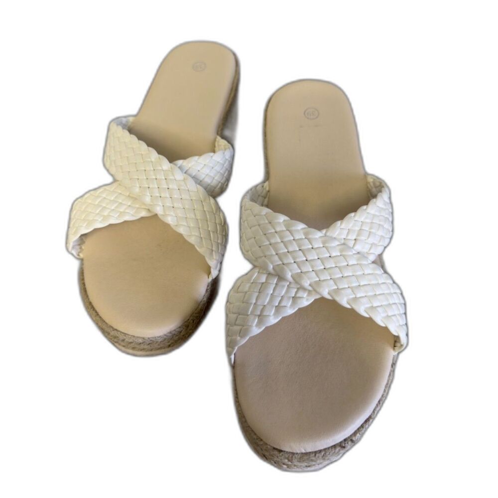 Criss Cross Espadrille Wedge Sandals Size 8 CN 39 Cream Braided Straps 2.5" Heel